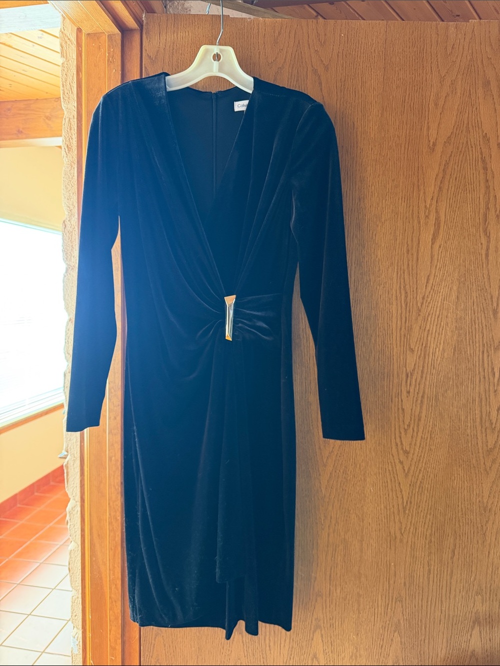 Calvin Klein Black Velvet Long-Sleeve Wrap Dress with Gold Accent